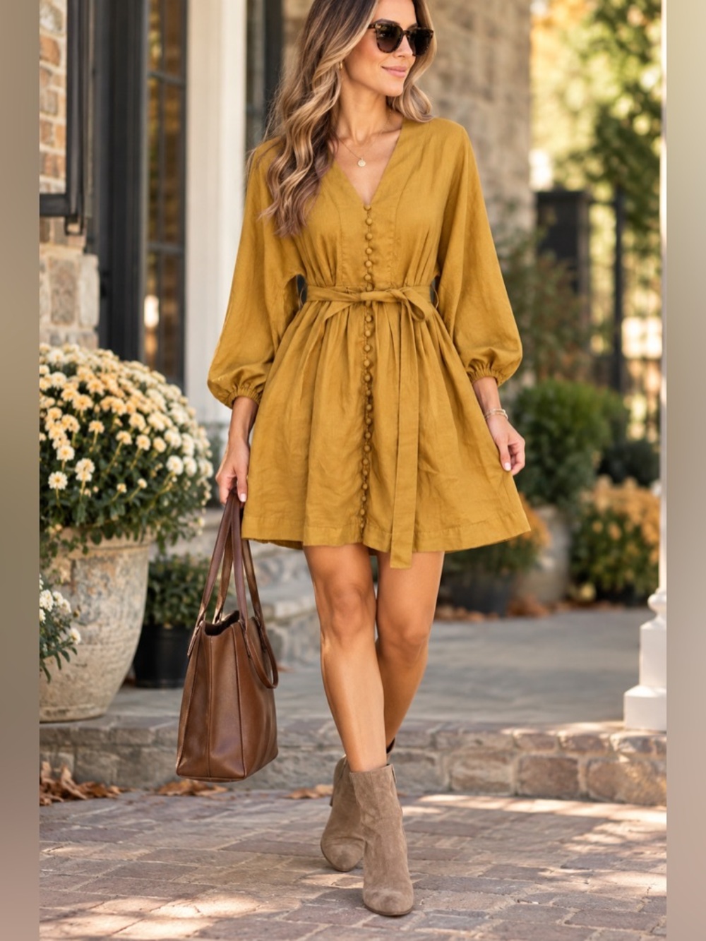 Banana Republic Size 4 100% Linen Button Front Belted Mustard Mini Dress